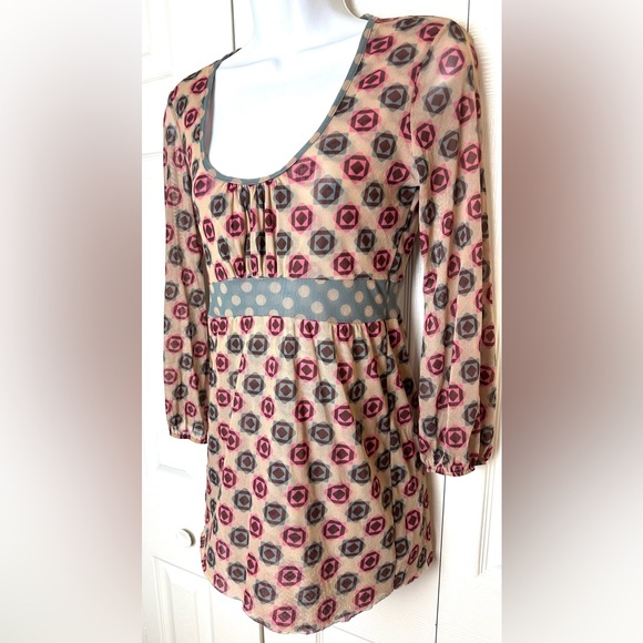 Vintage SWEET PEA Mesh Top Shirt Geo Polka Dot Blouse Y2K Blue Pink Tan Scoop - Picture 2 of 8